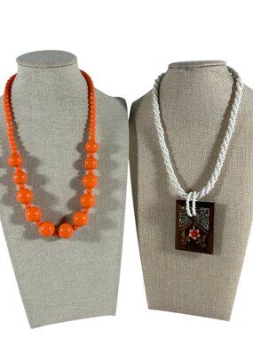 Lot 2 Necklaces Orange Beaded Stretch White Seed Bead Painted Wood Pendant